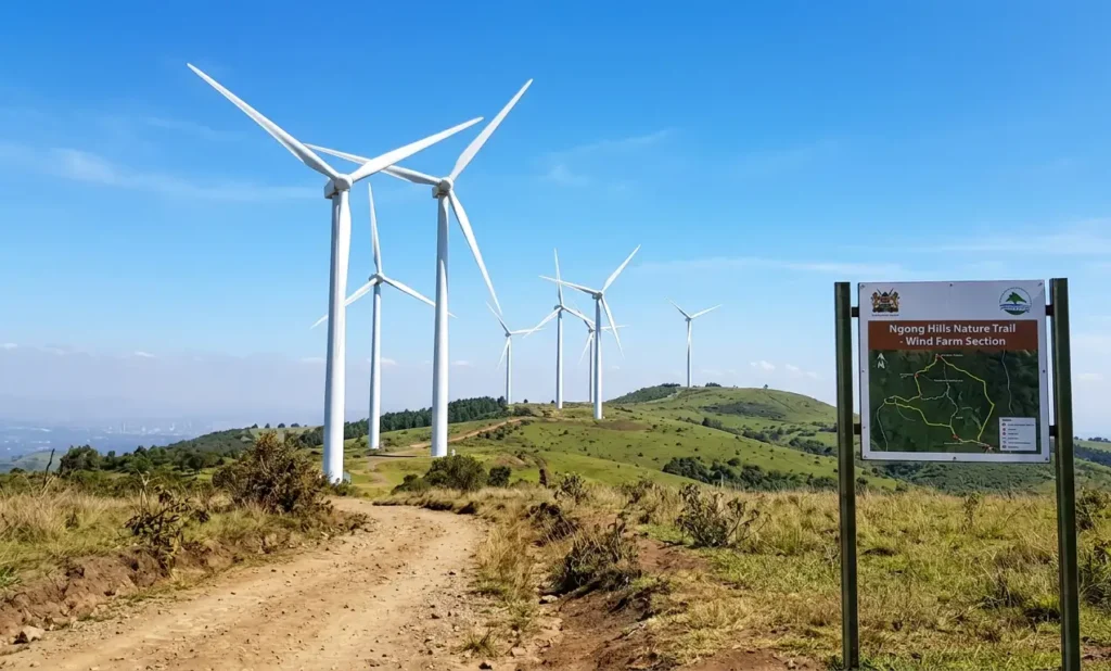 Giant white wind turbines spinning against the bright blue sky at the start of the trail.