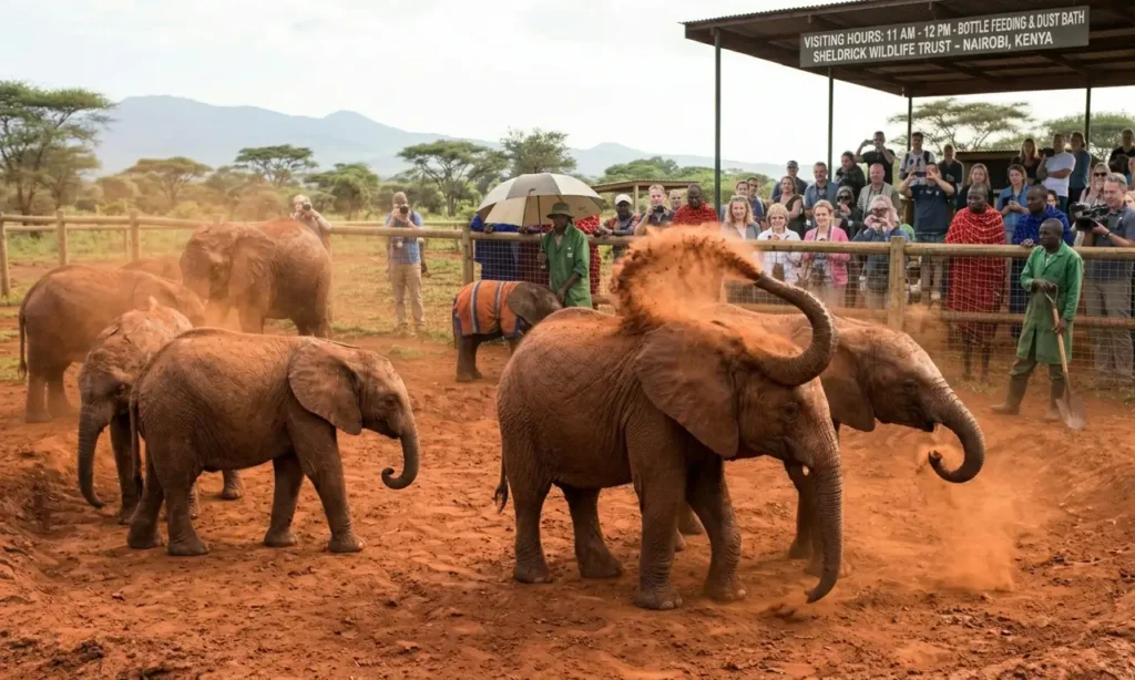 Dust Bathing: Watching the elephants use their trunks to spray dirt over their backs for sun protection.