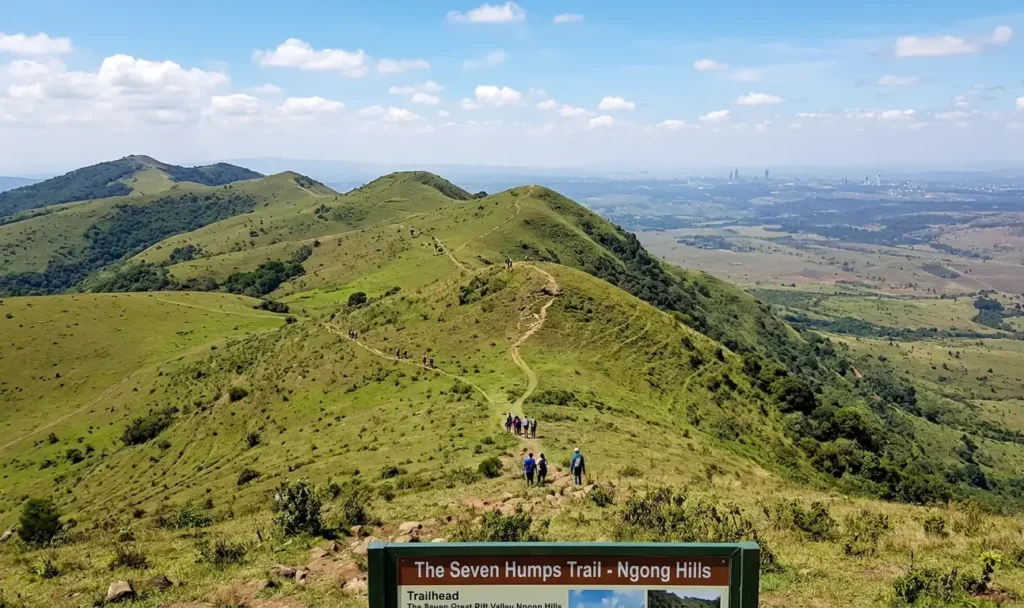 The Seven Humps: A winding ridgeline trail that goes up and down green, grassy peaks.