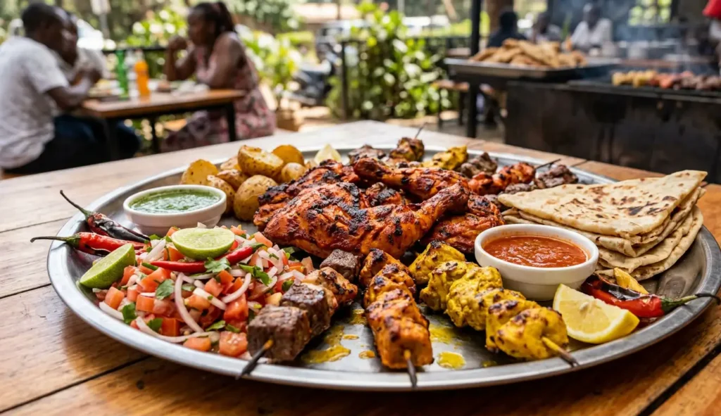A signature "flavor-packed" feast including choosa chicken, lemon tikka, and mishkaki