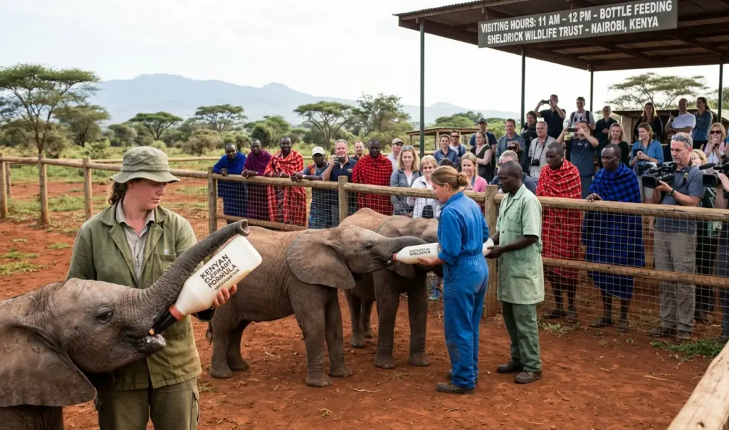 Public Bottle Feeding: Watching keepers feed the young elephants giant bottles of specialized milk formula